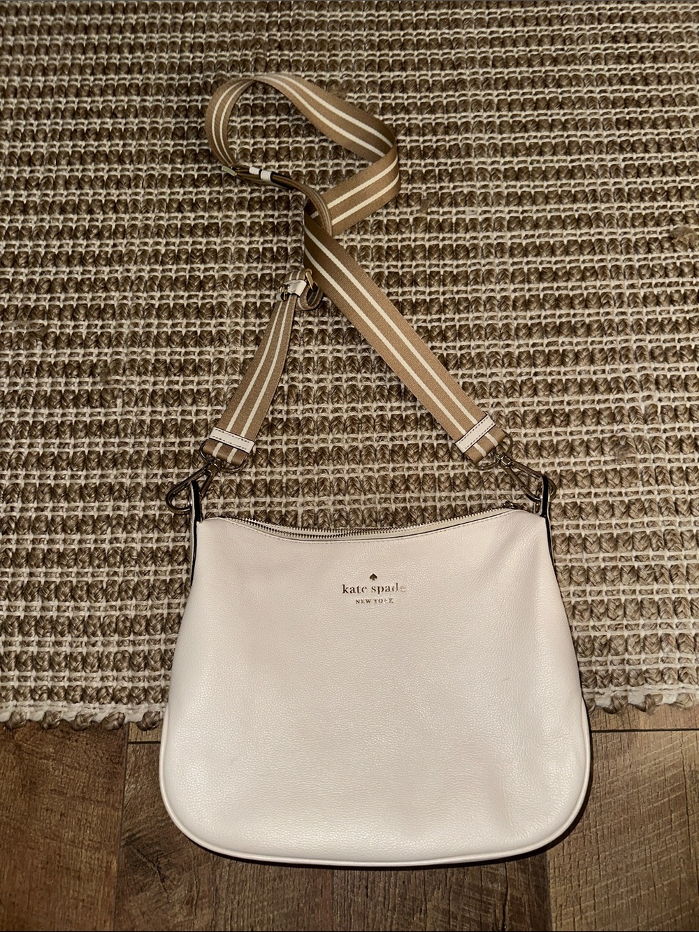 kate spade Cream Pebbled Leather Crossbody with Striped Strap